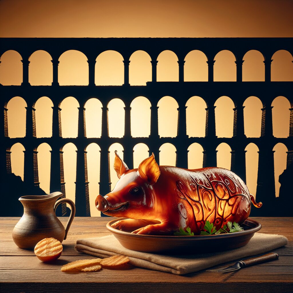 Cochinillo asado dorado servido en una fuente de cerámica sobre mesa rústica, con el perfil estilizado del Acueducto …