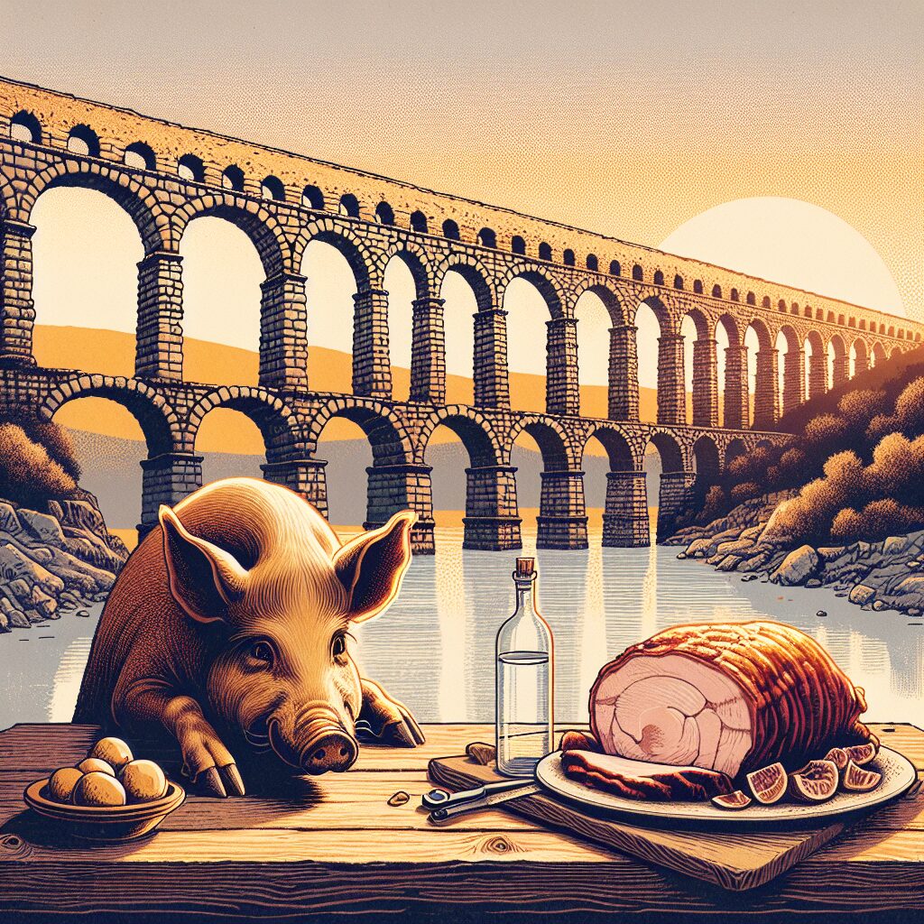 Ilustración digital del Acueducto de Segovia al atardecer con tonos cálidos, y en primer plano un cochinillo asado es…