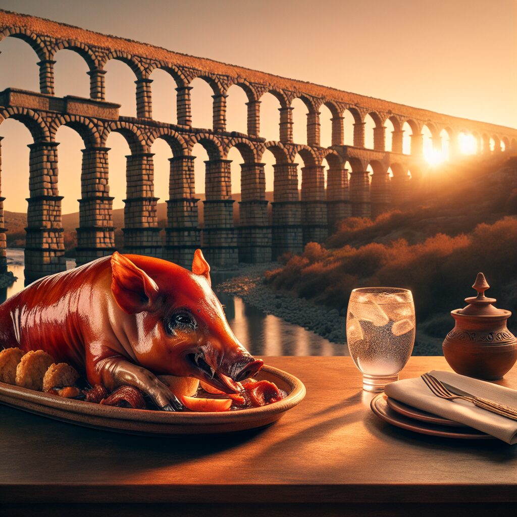 Un cochinillo asado servido en una fuente de cerámica sobre una mesa de madera en un ambiente castellano elegante, co…