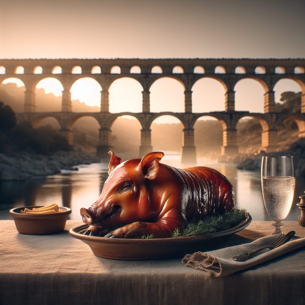 Cochinillo asado servido en una fuente de cerámica sobre mantel rústico, con el perfil estilizado y elegante del Acue…