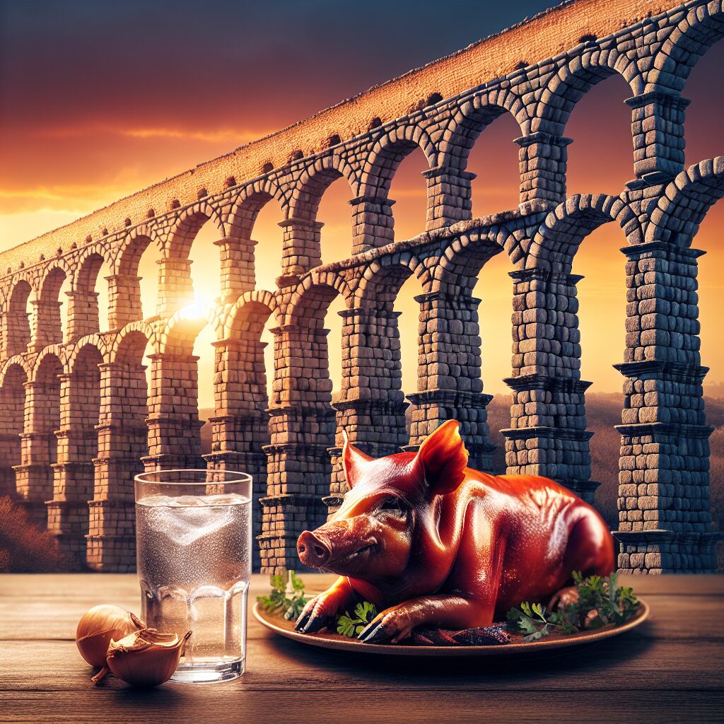 El Acueducto de Segovia al atardecer, con un plato estilizado de cochinillo asado en primer plano sobre una mesa de m…