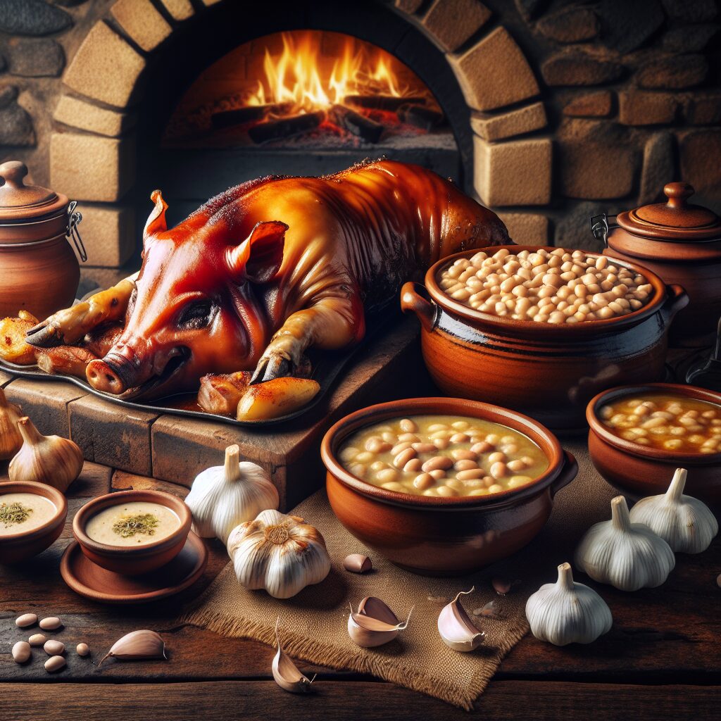 Mesa rústica castellana con platos tradicionales: cochinillo asado con piel crujiente, una cazuela de judiones cremos…