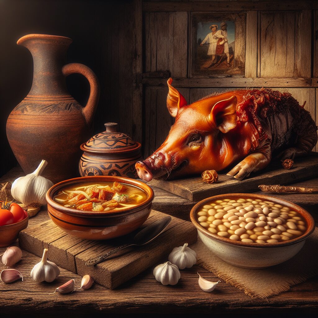 Mesa rústica castellana con platos tradicionales: un cochinillo asado con piel crujiente, un cuenco de judiones cremo…