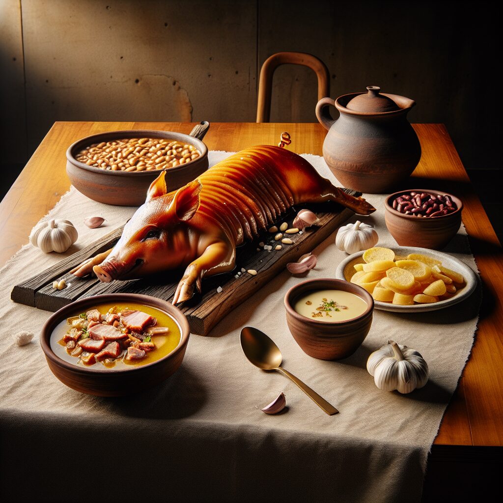 Mesa rústica castellana con un cochinillo dorado partido, un plato de judiones cremosos y tazones de sopa de ajo, sob…
