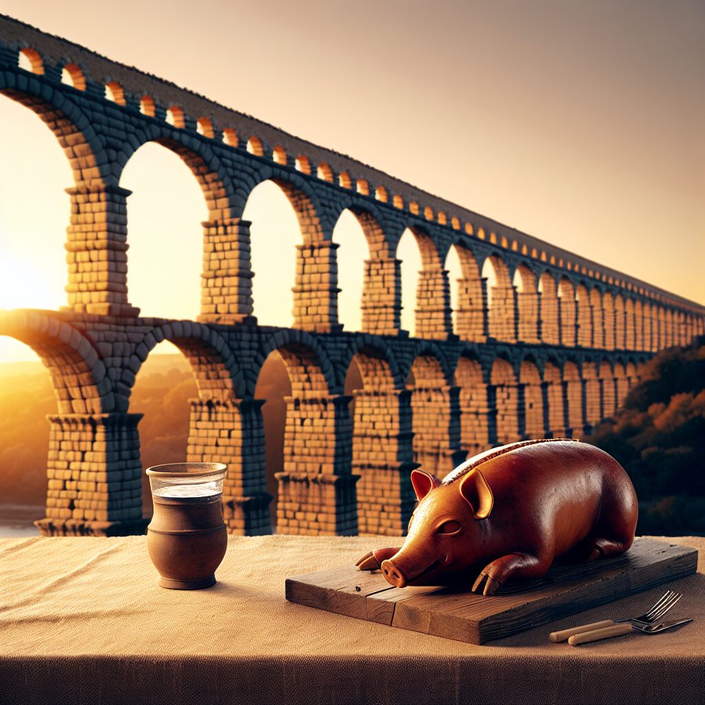 El Acueducto de Segovia al atardecer con tonos dorados, junto a una mesa tradicional con un cochinillo asado estiliza…
