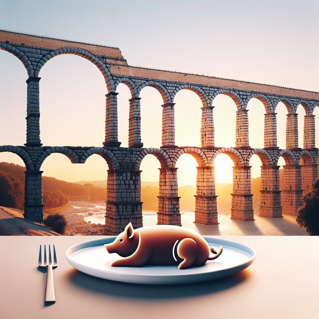 El Acueducto de Segovia al atardecer con luz cálida, en primer plano un plato estilizado con un cochinillo asado repr…