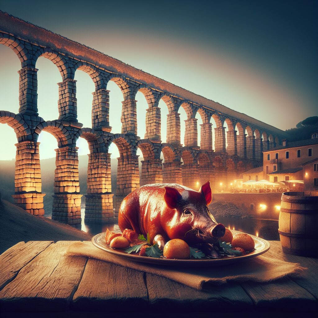Composición digital del Acueducto de Segovia al atardecer, con un plato de cochinillo asado estilizado en primer plan…