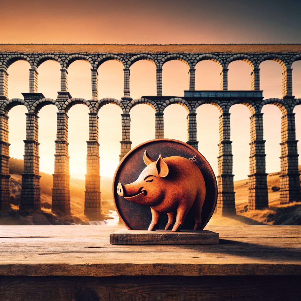 Ilustración digital del Acueducto de Segovia al atardecer, con una mesa rústica en primer plano mostrando un cochinil…