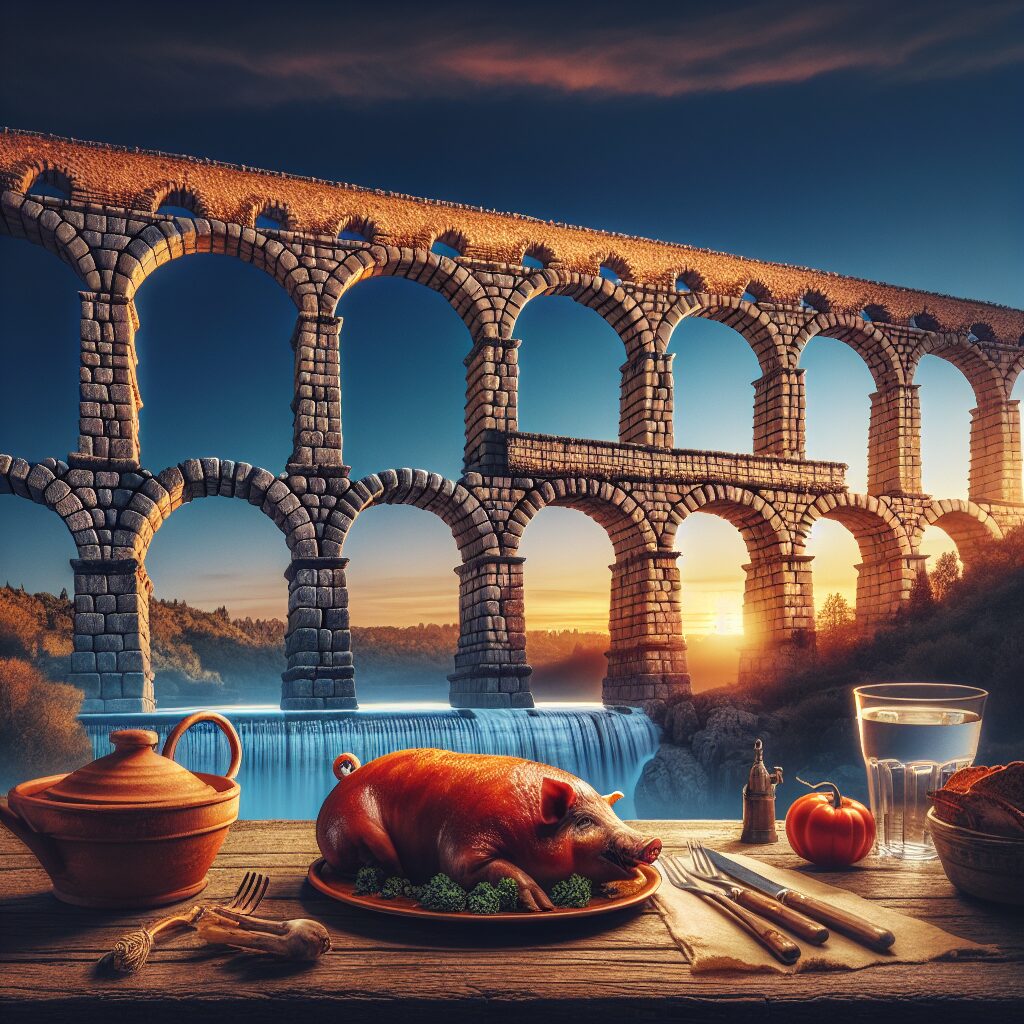 Composición digital: el Acueducto de Segovia iluminado al atardecer en primer plano, con un plato estilizado de cochi…