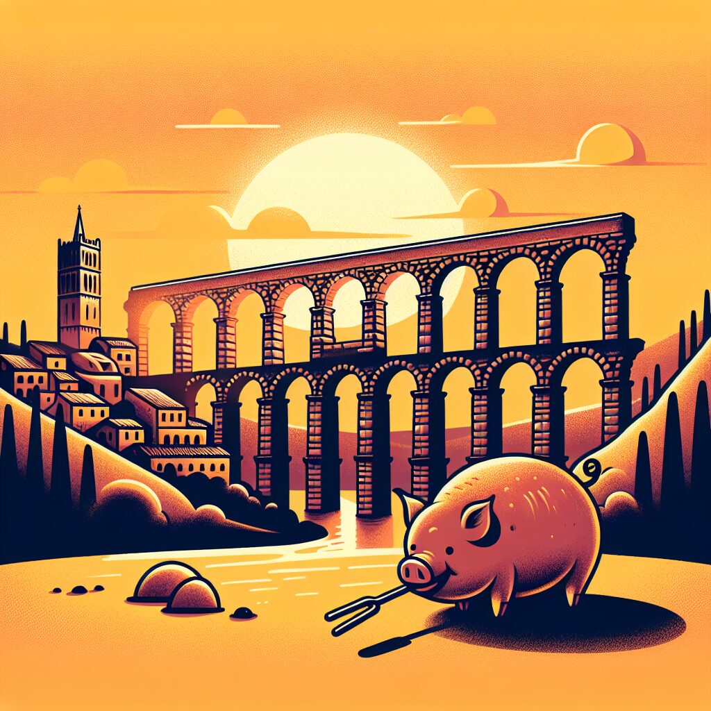 Ilustración moderna del Acueducto de Segovia al atardecer con un cochinillo asado estilizado en primer plano como ele…