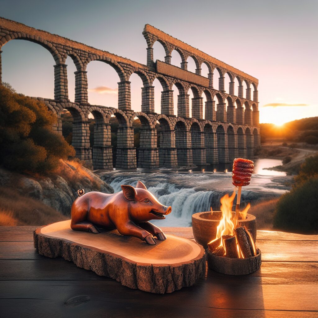 El Acueducto de Segovia al atardecer en primer plano, con una mesa rústica cerca que muestra un cochinillo asado esti…