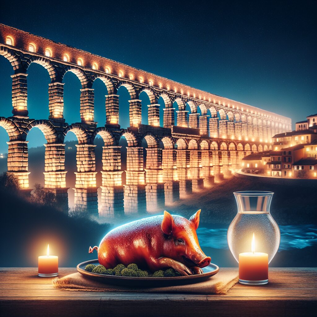 Vista nocturna estilizada del Acueducto de Segovia con iluminación cálida y, en primer plano, un cochinillo asado rep…