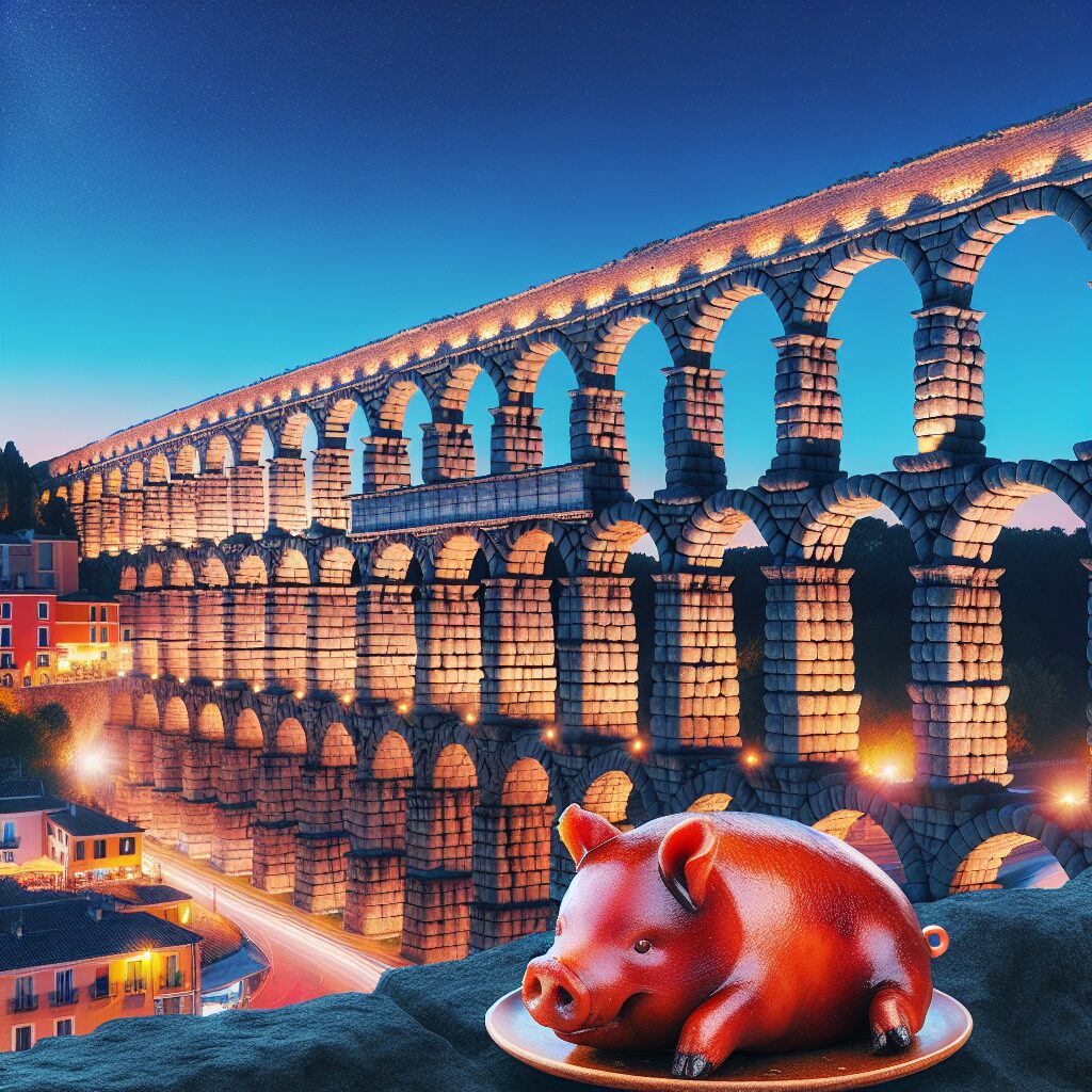 El Acueducto de Segovia iluminado al atardecer en estilo digital, con un plato estilizado de cochinillo asado en prim…