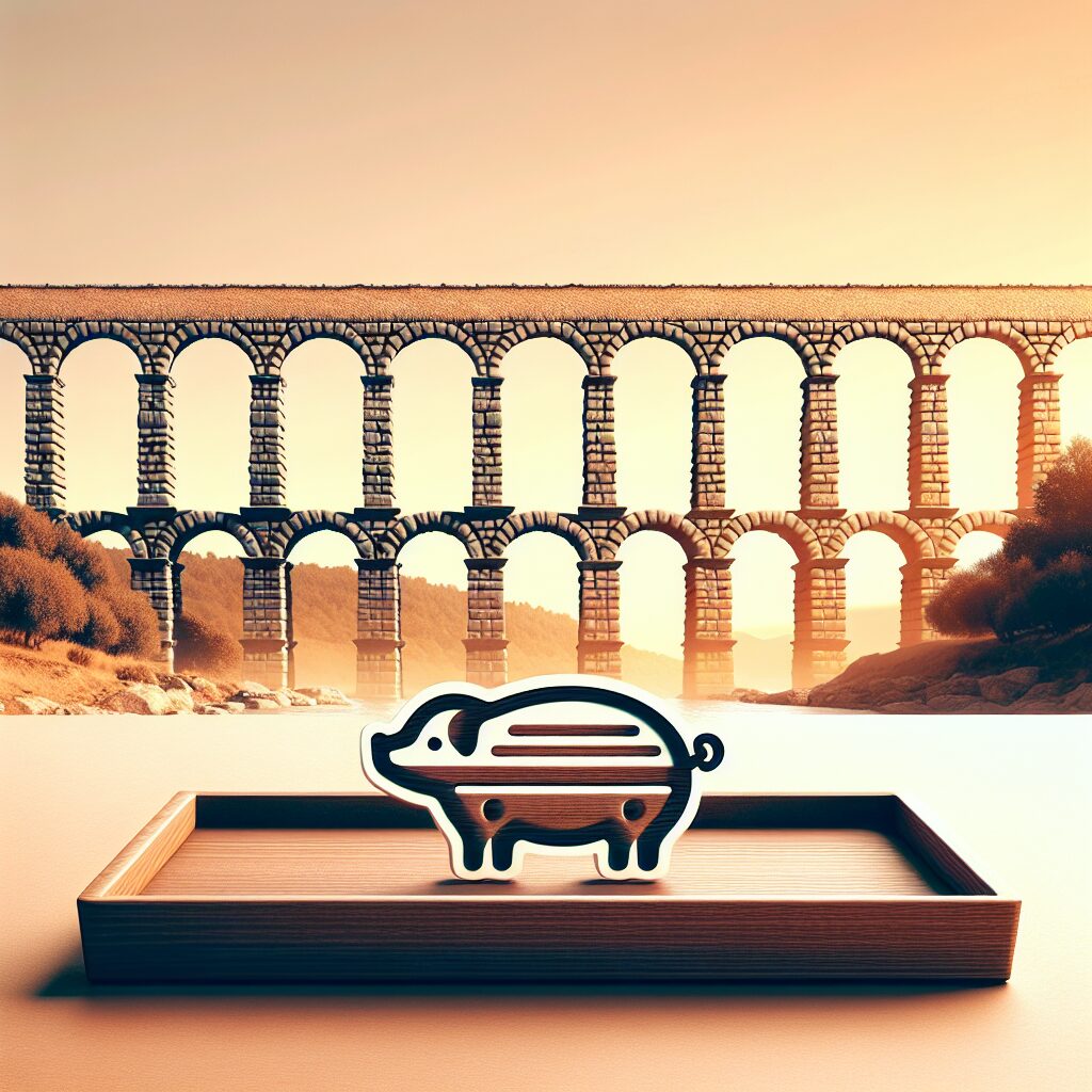 Ilustración digital del Acueducto de Segovia al amanecer con tonos cálidos, en primer plano una bandeja estilizada co…