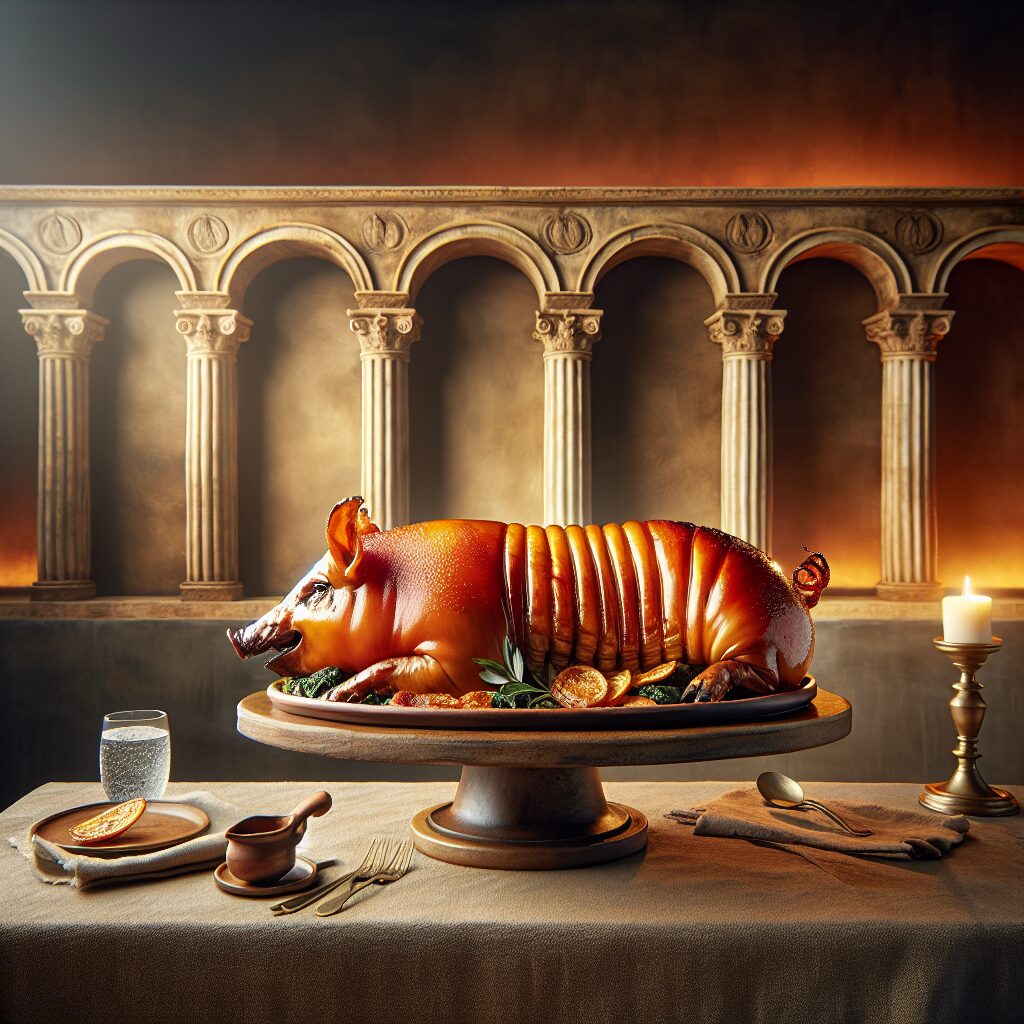 Un cochinillo asado dorado servido en una bandeja de cerámica sobre una mesa rústica, con un fondo elegante que sugie…