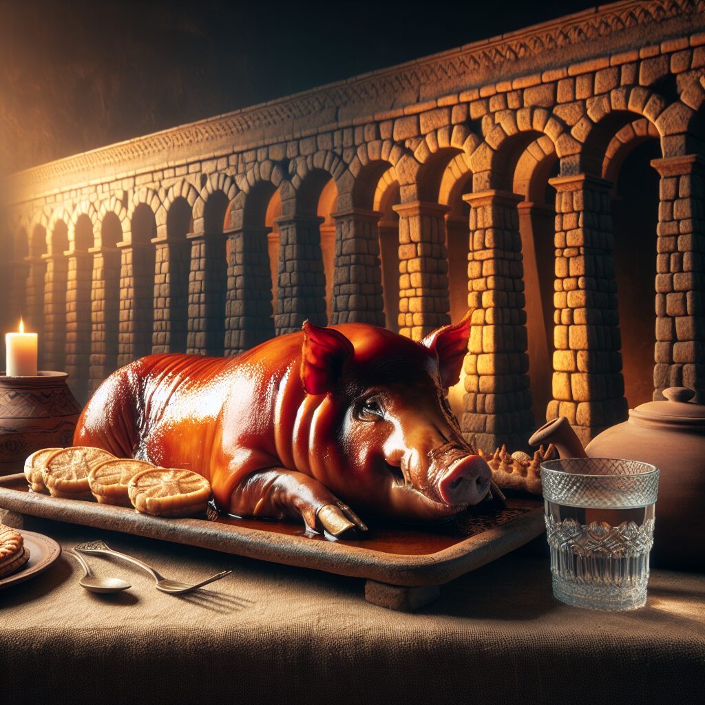 Un cochinillo asado sobre una bandeja de cerámica rústica, iluminado por luz cálida, con un fondo sugerente del Acued…