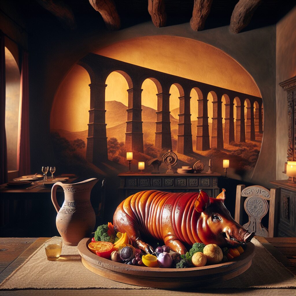 Un cochinillo asado servido sobre una fuente de cerámica rústica en un ambiente castellano elegante, con el perfil es…