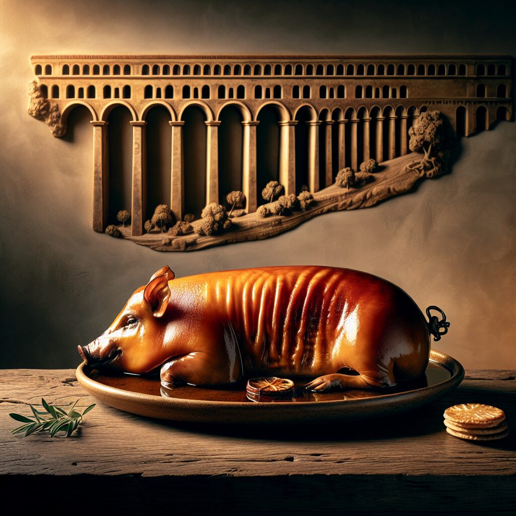 Cochinillo asado dorado sobre una fuente de cerámica en una mesa de madera rústica, con un fondo elegante que insinúa…