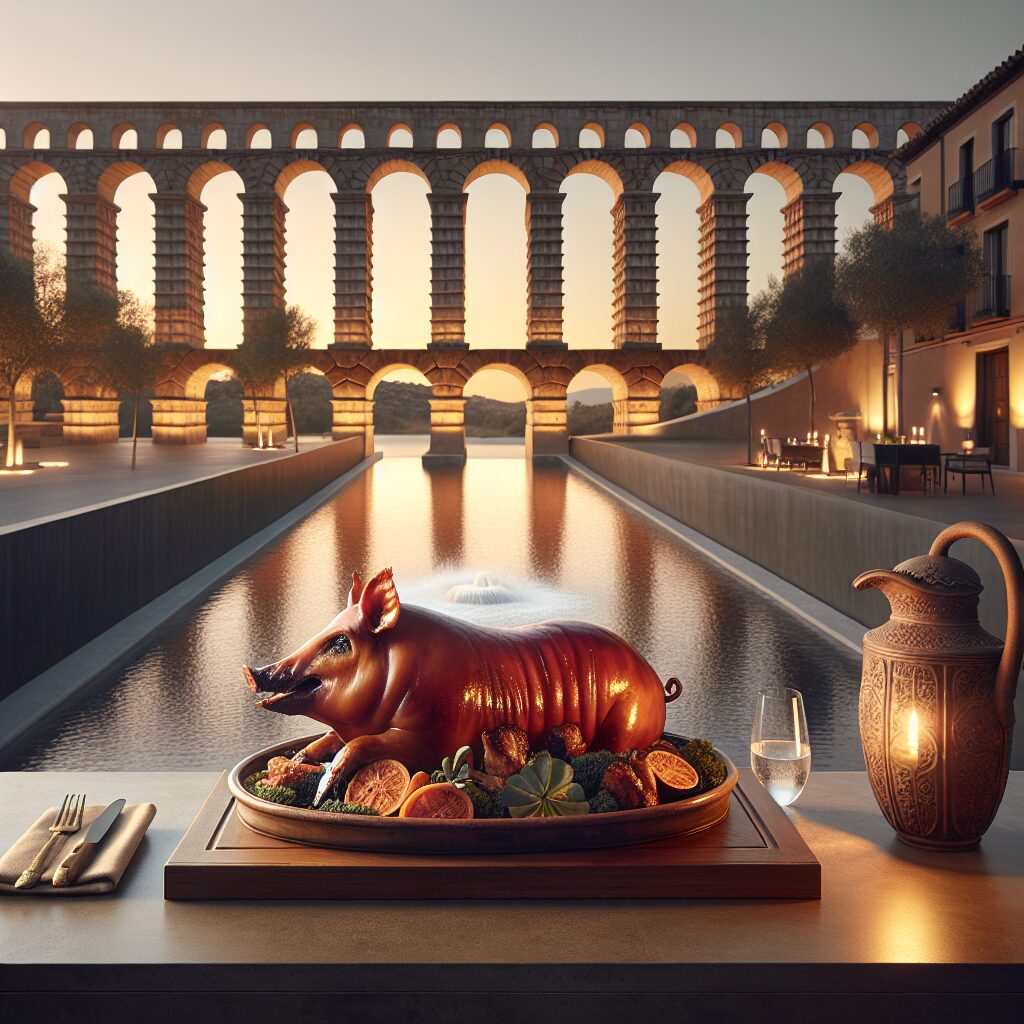 Un cochinillo asado servido sobre una fuente de cerámica tradicional en un entorno castellano elegante, con el Acuedu…