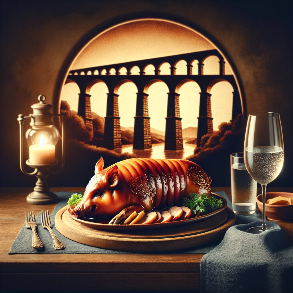 Un cochinillo asado servido sobre una bandeja de cerámica rústica en un entorno castellano elegante, con al fondo una…