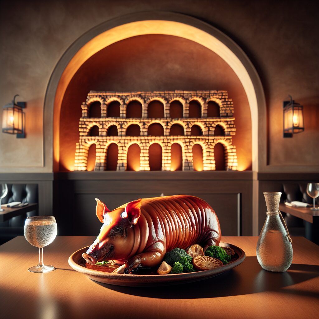 Un cochinillo asado servido en una fuente de cerámica sobre una mesa de madera en un ambiente castellano elegante, co…