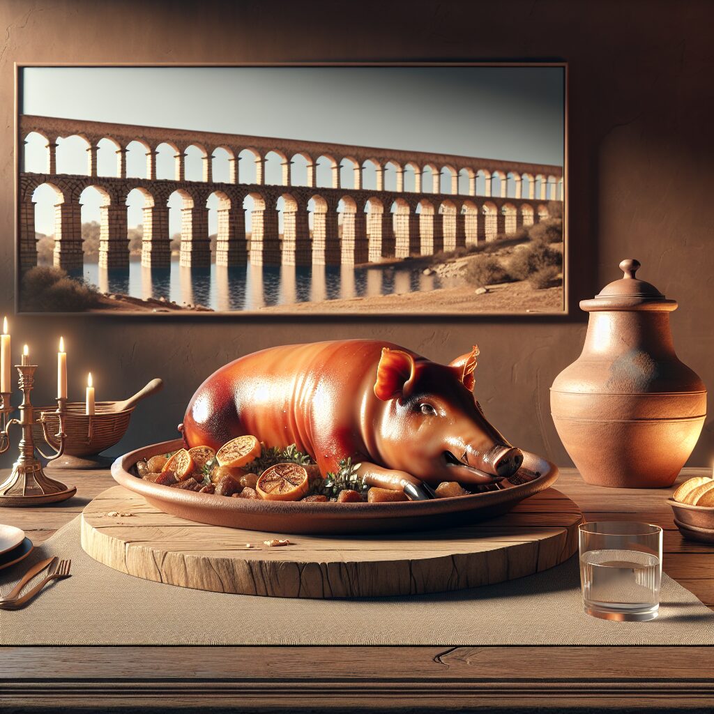 Cochinillo asado servido sobre una bandeja de cerámica rústica, colocado en una mesa de madera en un ambiente castell…