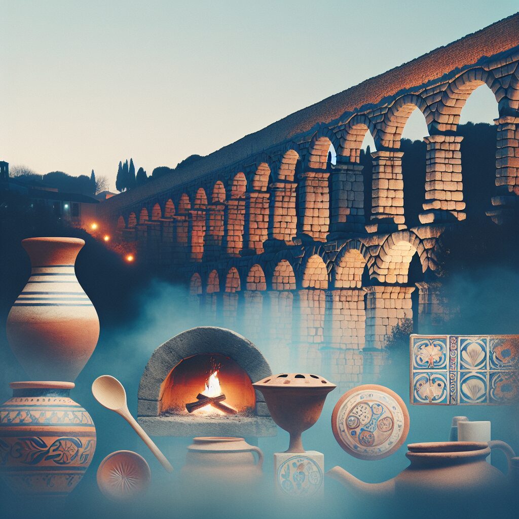 Acueducto de Segovia al atardecer, luces cálidas y niebla suave, elementos estilizados de horno de leña y cerámica so…
