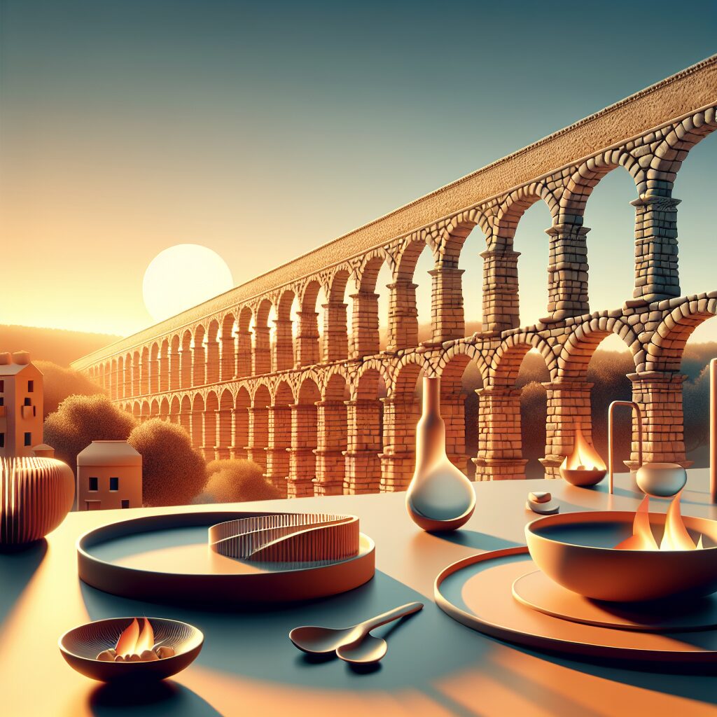El Acueducto de Segovia al atardecer, con luces cálidas y sombras largas, elementos gastronómicos estilizados (platos…