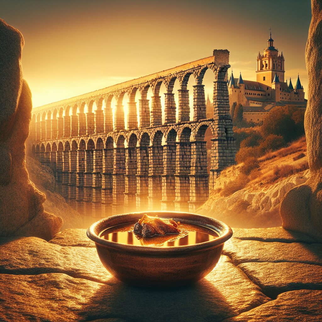 Acueducto de Segovia al atardecer con iluminación cálida, Alcázar al fondo, texturas de granito y un plato de barro c…