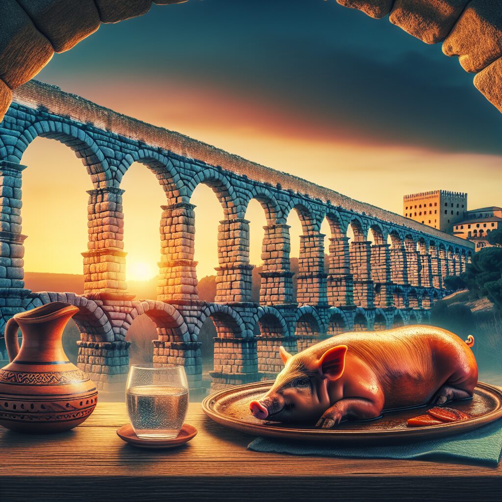 El Acueducto de Segovia al atardecer, iluminado suavemente, con efectos digitales estilizados que sugieren historia y…