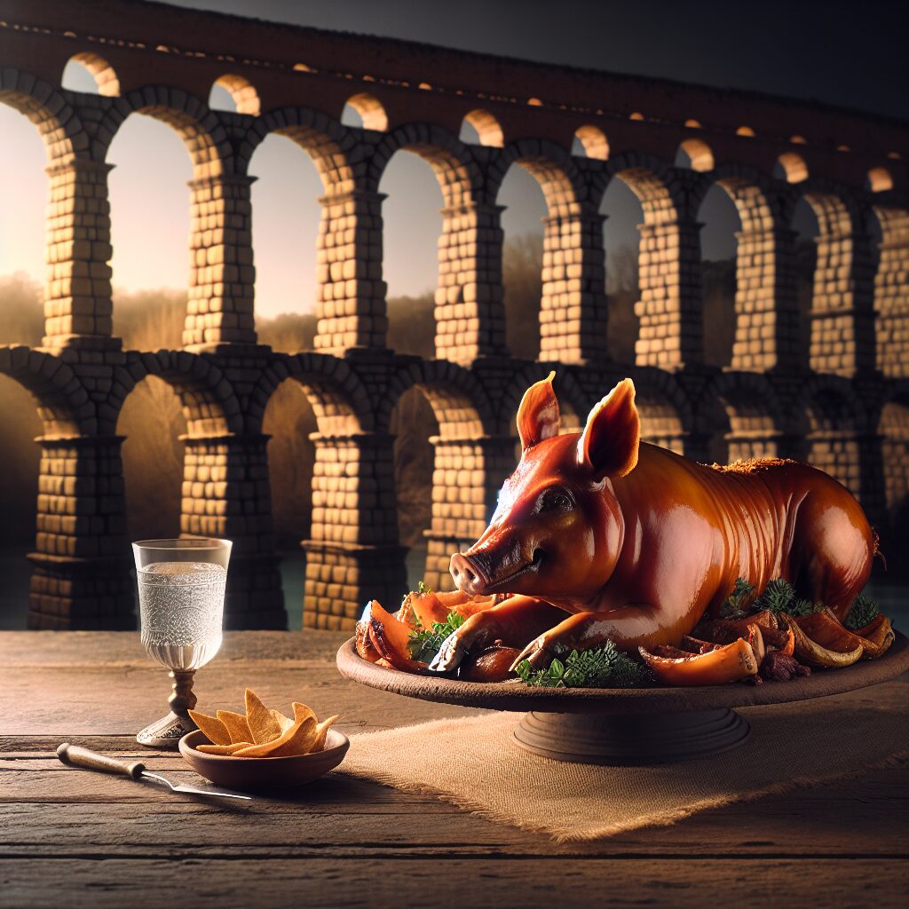Un cochinillo asado sobre una fuente de cerámica tradicional en una mesa de madera rústica, con el perfil estilizado …
