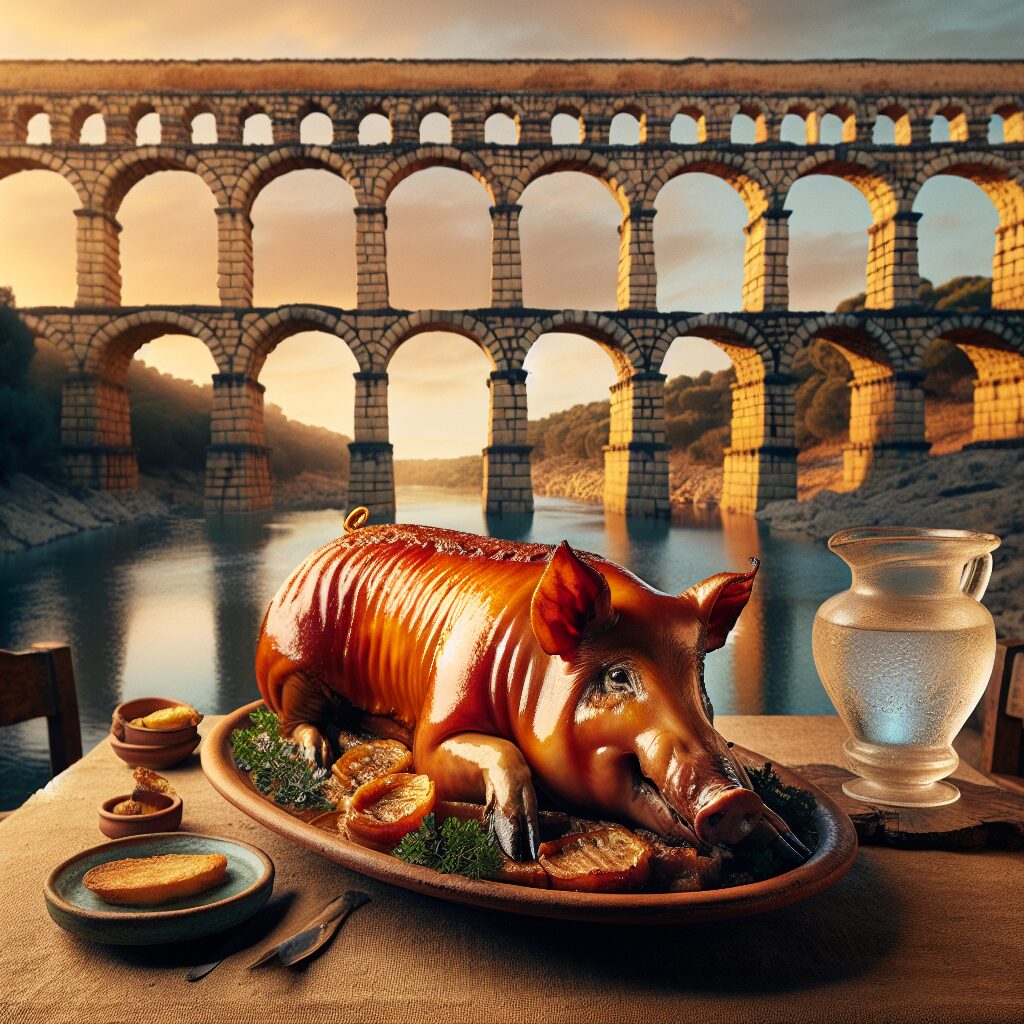 Cochinillo asado dorado servido en una fuente de cerámica sobre una mesa rústica, con un Acueducto estilizado y elega…