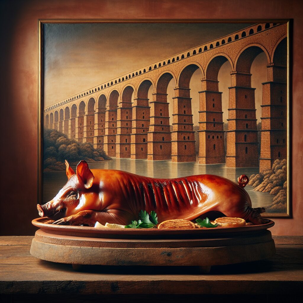Un cochinillo asado sobre una fuente de cerámica rústica, colocado en una mesa de madera frente a un acueducto estili…