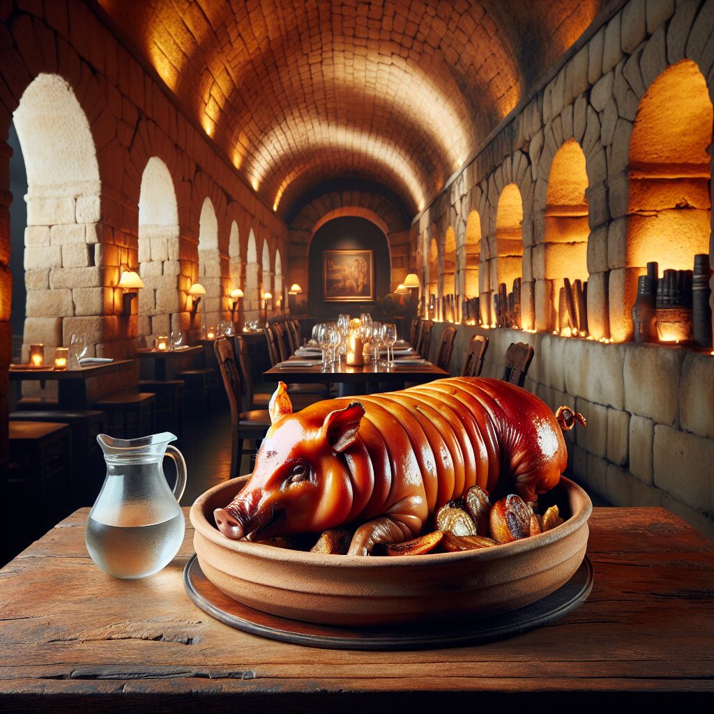 Un cochinillo asado en una fuente de cerámica, presentado sobre una mesa de madera rústica frente a un acueducto de p…