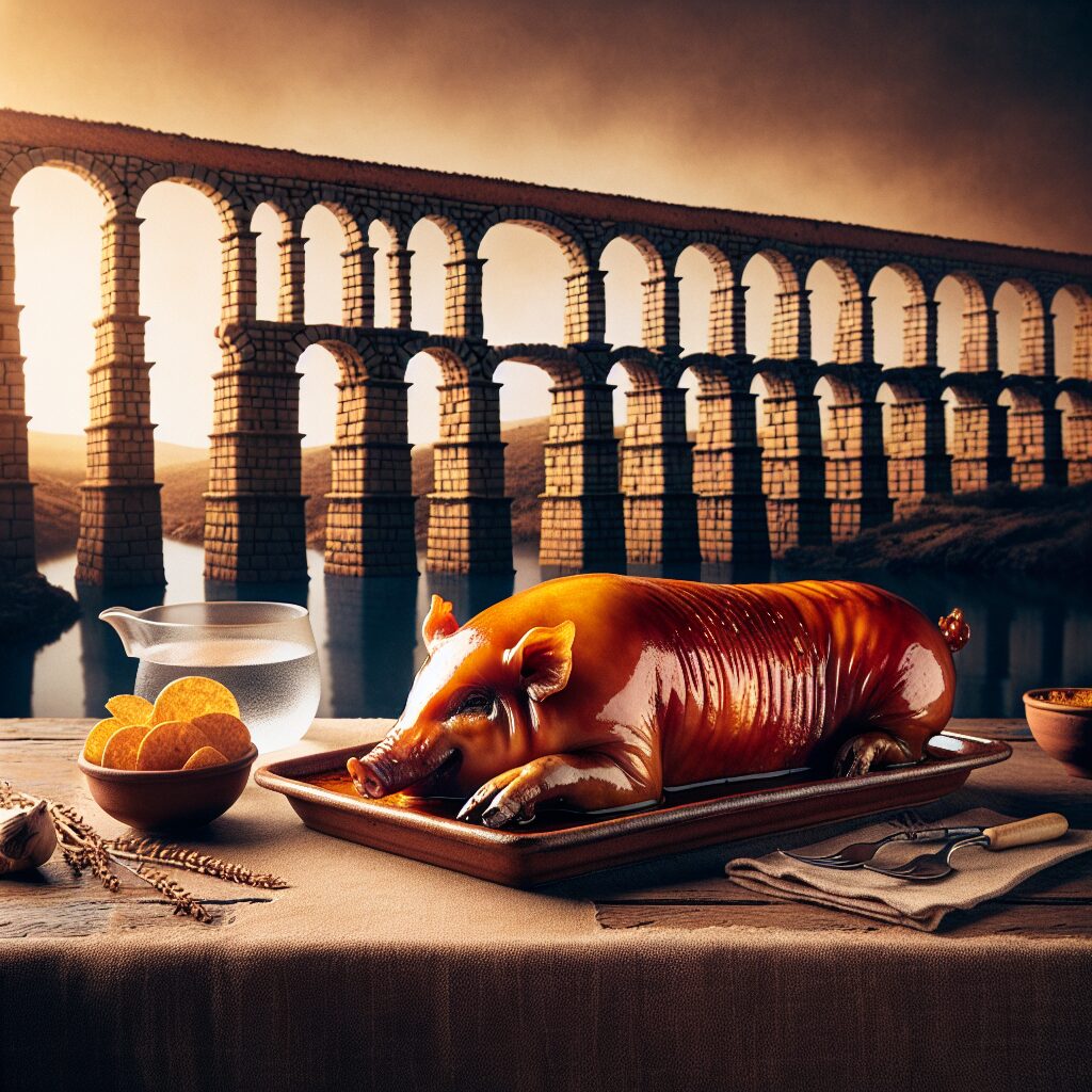 Cochinillo asado dorado servido en una bandeja de cerámica sobre mesa rústica castellana, con el perfil estilizado de…