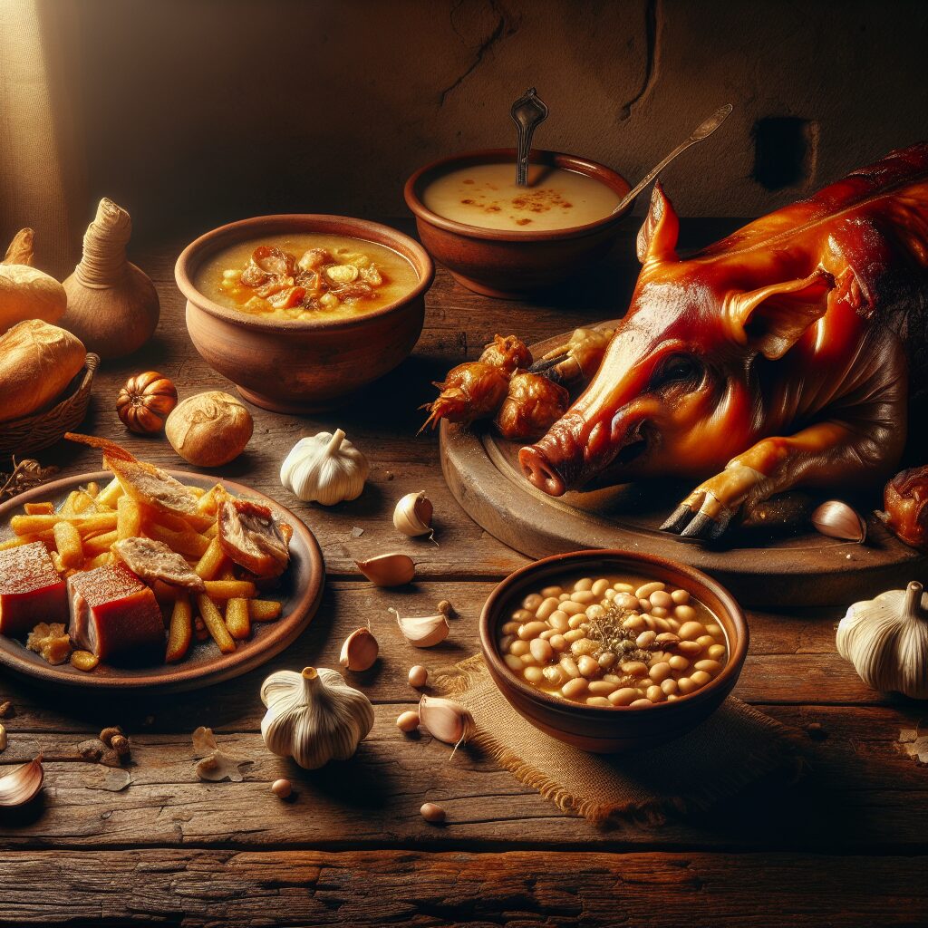 Mesa rústica castellana con platos tradicionales: un cochinillo asado dorado, un cuenco de judiones cremosos y tazone…