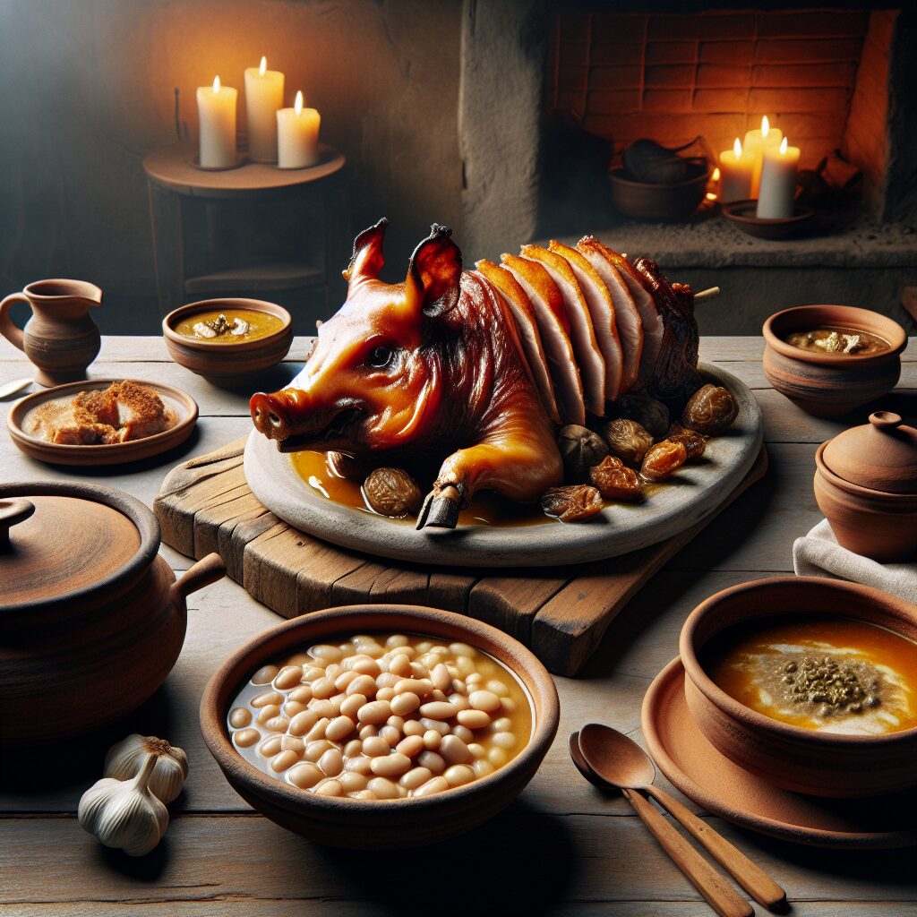 Mesa rústica castellana con platos tradicionales estilizados: cochinillo asado con piel dorada, judiones en cazuela d…