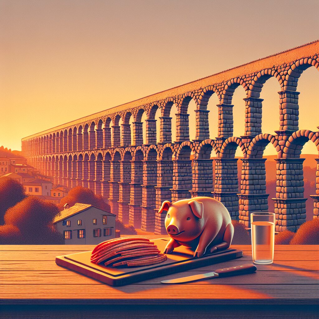 El Acueducto de Segovia al atardecer en estilo digital, con un cochinillo asado estilizado en primer plano sobre una …