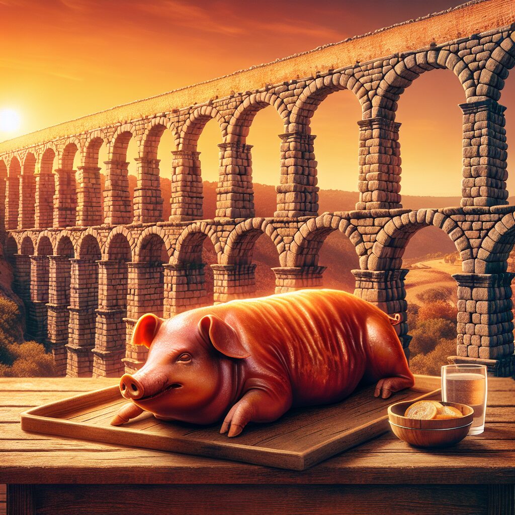 El Acueducto de Segovia al atardecer con una mesa rústica en primer plano y un cochinillo asado estilizado sobre una …