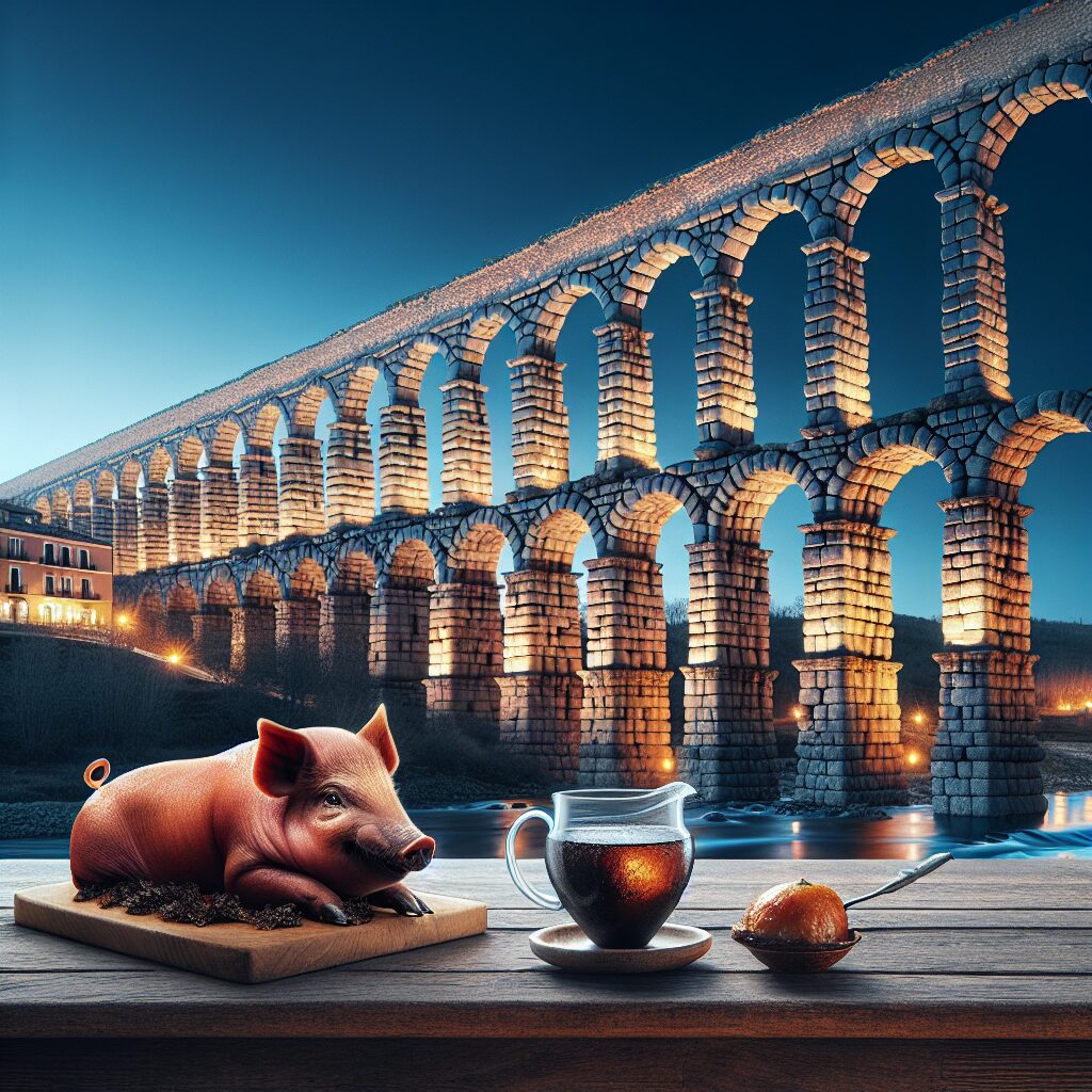El Acueducto de Segovia iluminado al atardecer con un cochinillo asado estilizado en primer plano sobre una mesa rúst…