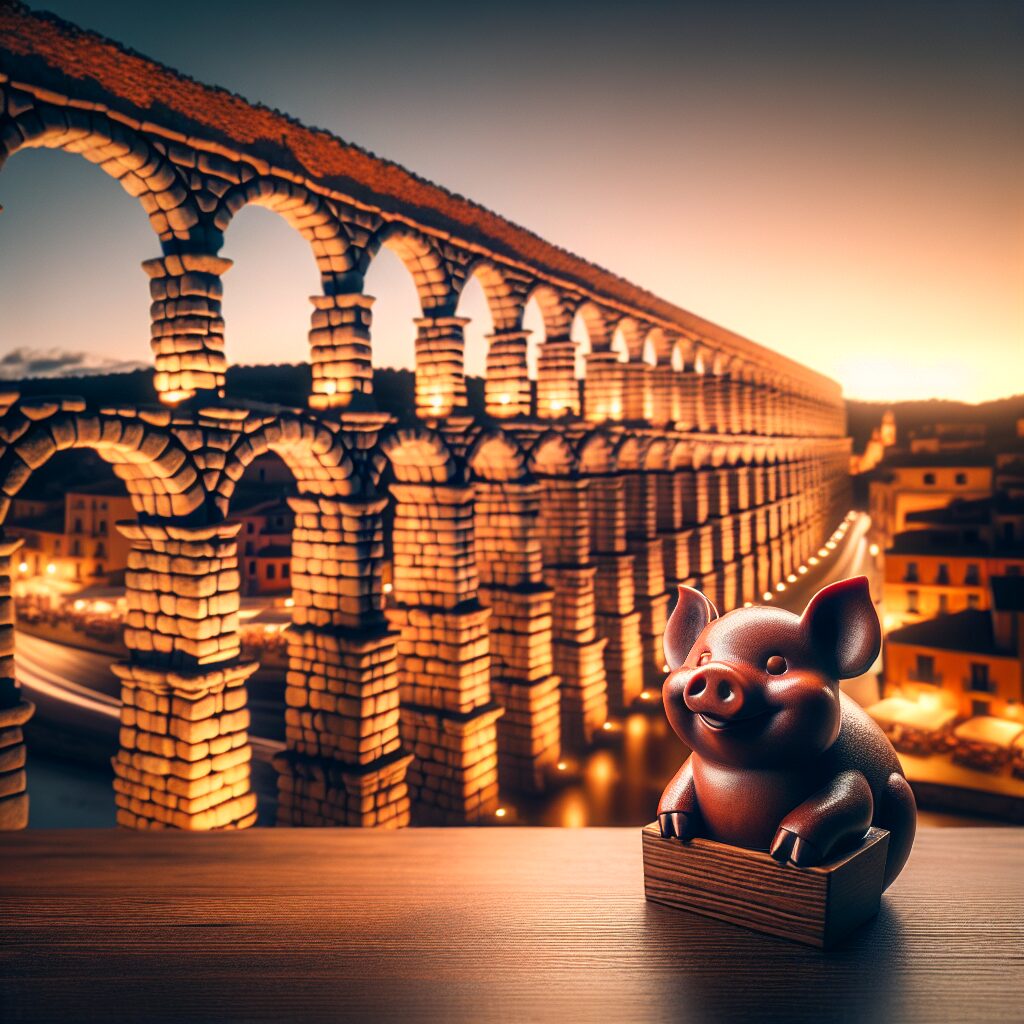 El Acueducto de Segovia iluminado al atardecer con un cochinillo asado estilizado en primer plano sobre una mesa de m…