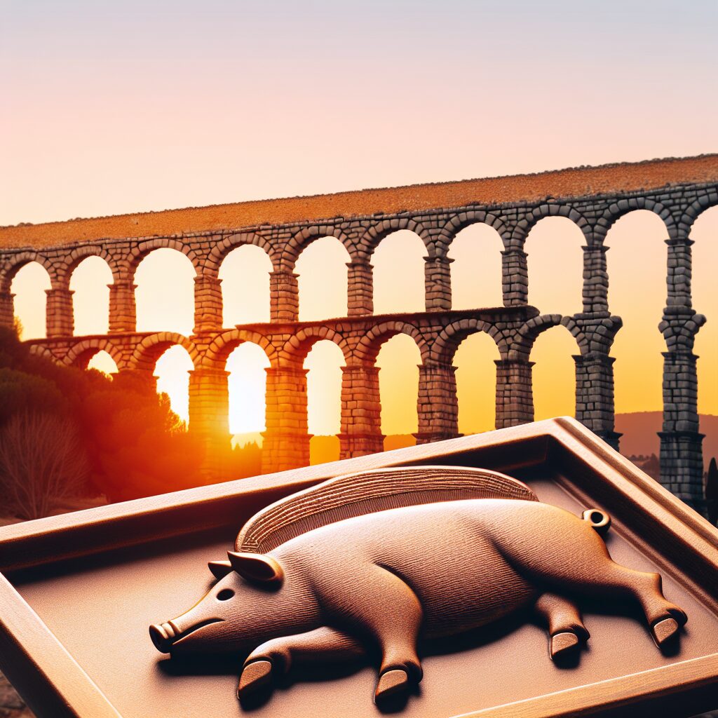 El Acueducto de Segovia al atardecer con tonos cálidos, en primer plano una bandeja estilizada con un cochinillo asad…