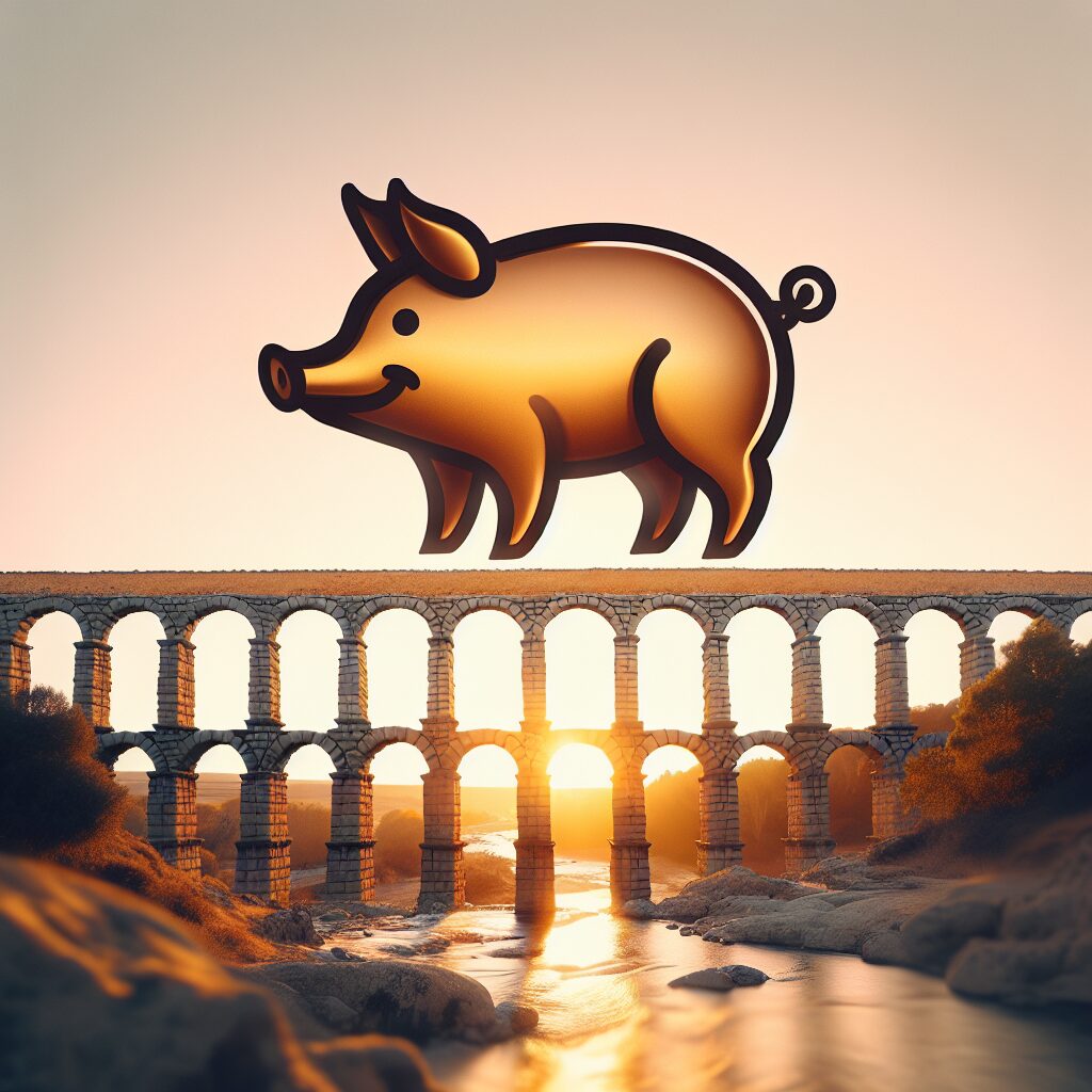 El Acueducto de Segovia al atardecer, con tonos cálidos, y un cochinillo asado estilizado en primer plano como elemen…