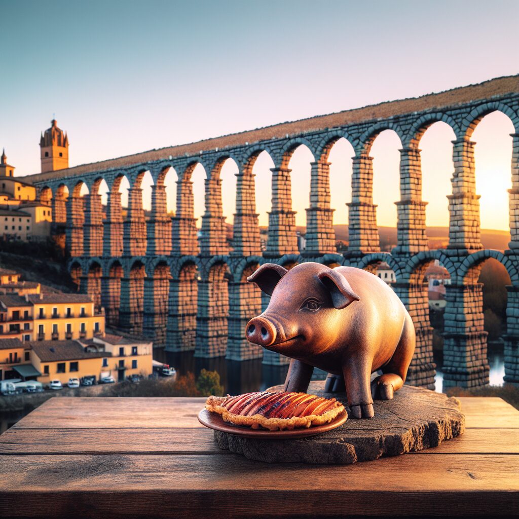El Acueducto de Segovia al atardecer sobre un fondo urbano histórico; en primer plano, un cochinillo asado estilizado…