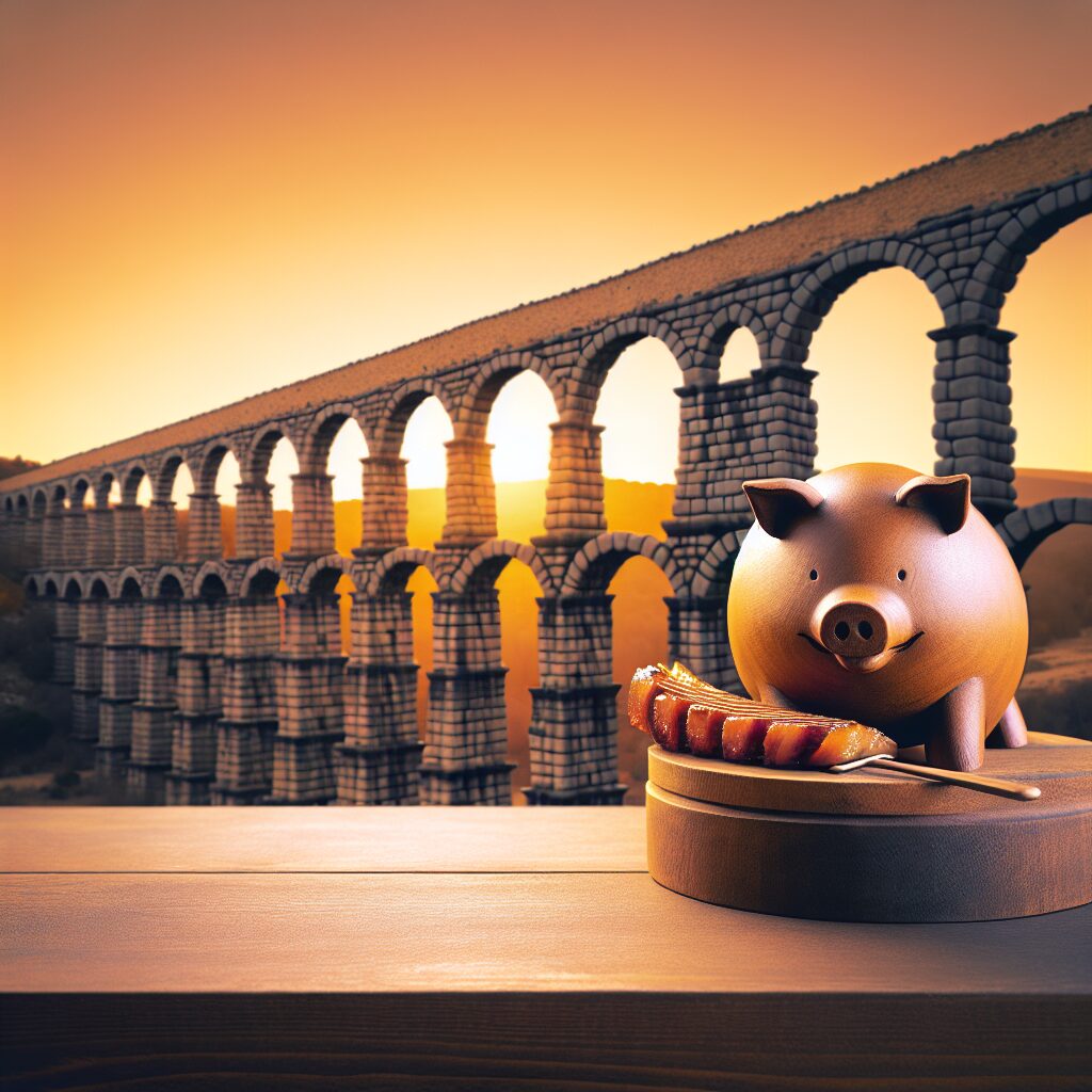 El Acueducto de Segovia al atardecer con tonos cálidos y, en primer plano, una representación estilizada de un cochin…