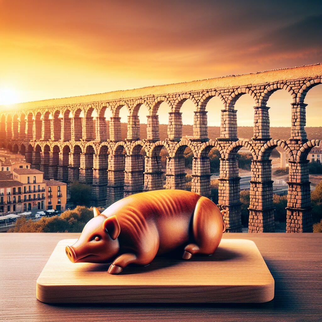 Vista urbana del Acueducto de Segovia al atardecer con tonalidades cálidas y, en primer plano, una representación est…