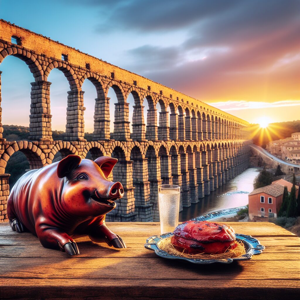 El Acueducto de Segovia al atardecer en plano amplio, con una mesa rústica en primer plano que contiene un cochinillo…
