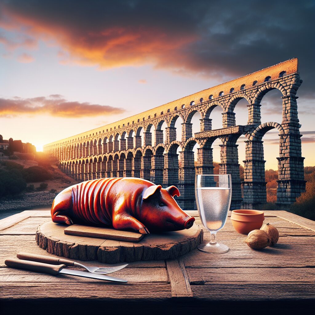 El Acueducto de Segovia iluminado al atardecer, con una representación estilizada de un cochinillo asado en primer pl…