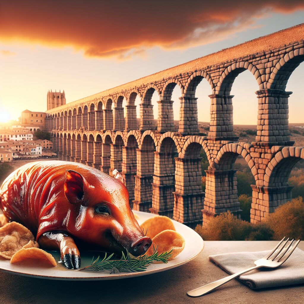 Vista panorámica digital del Acueducto de Segovia al atardecer con un plato estilizado de cochinillo asado en primer …