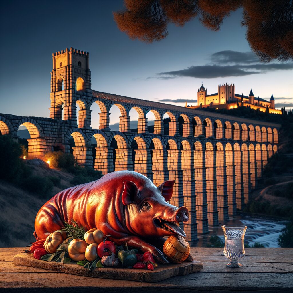 El Acueducto de Segovia al atardecer con el Alcázar en el fondo y, en primer plano, un cochinillo asado estilizado co…